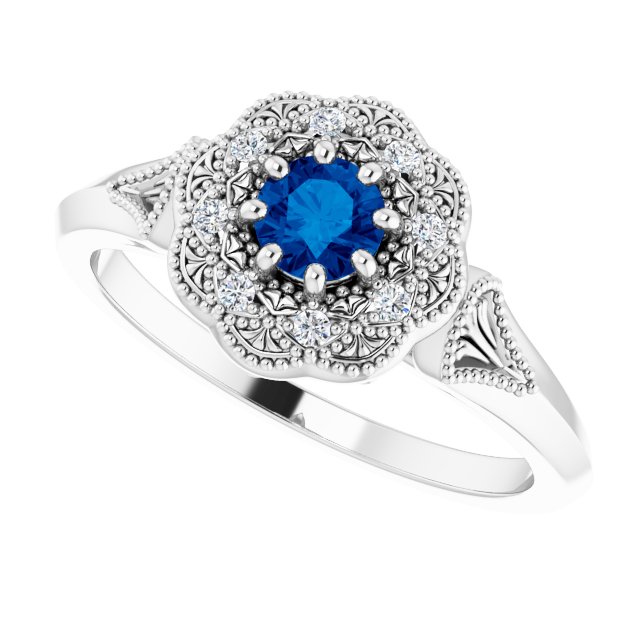 14K Gold Round Natural Blue Sapphire & Natural Diamond Vintage-Inspired Halo-Style Ring - White Gold - view 5