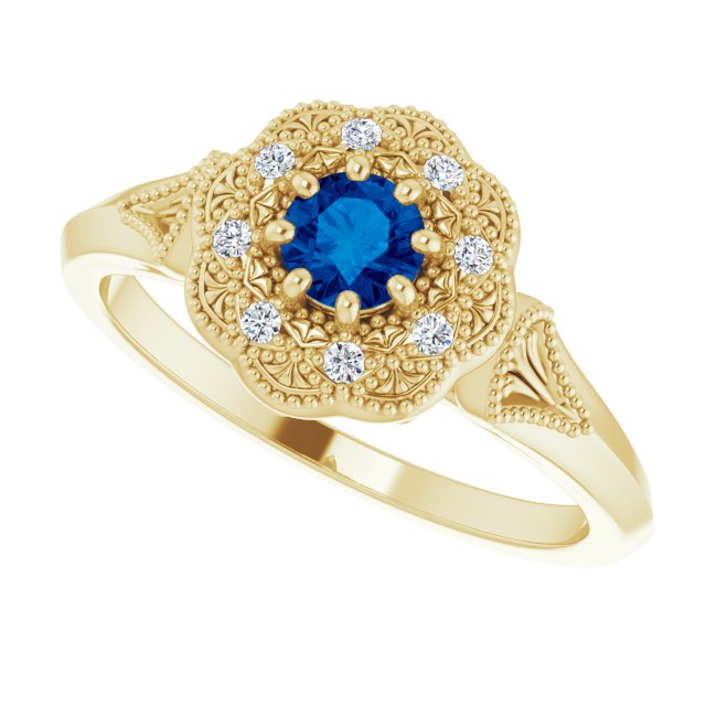 14K Gold Round Natural Blue Sapphire & Natural Diamond Vintage-Inspired Halo-Style Ring - Yellow Gold - view 5