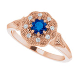 14K Gold Round Natural Blue Sapphire & Natural Diamond Vintage-Inspired Halo-Style Ring - Rose Gold - view 6