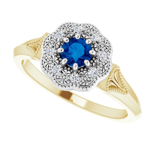 14K Gold Round Natural Blue Sapphire & Natural Diamond Vintage-Inspired Halo-Style Ring - Two-Tone - view 5