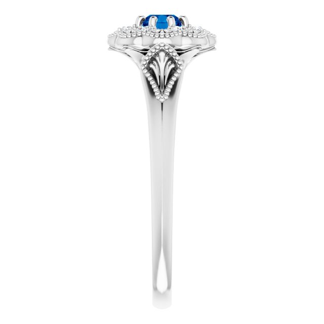 14K Gold Round Natural Blue Sapphire & Natural Diamond Vintage-Inspired Halo-Style Ring - White Gold - view 4
