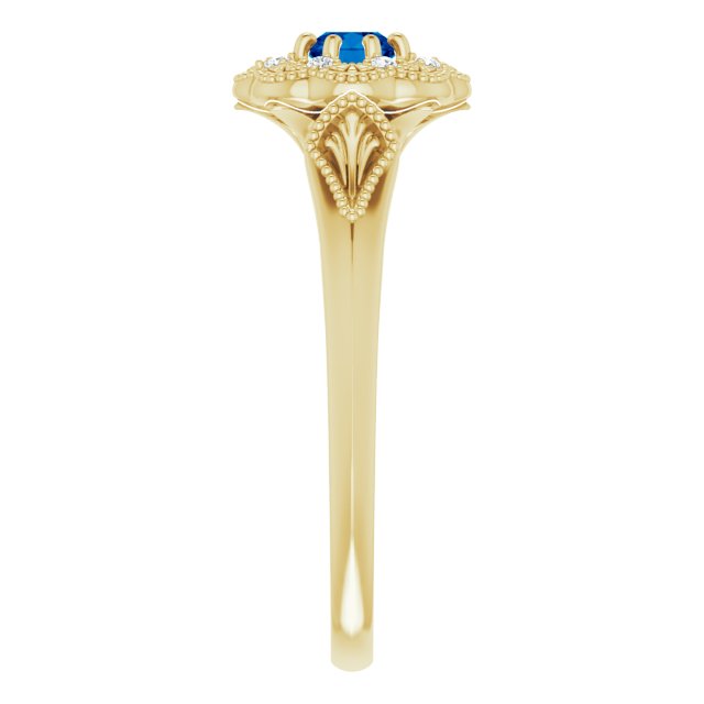 14K Gold Round Natural Blue Sapphire & Natural Diamond Vintage-Inspired Halo-Style Ring - Yellow Gold - view 4