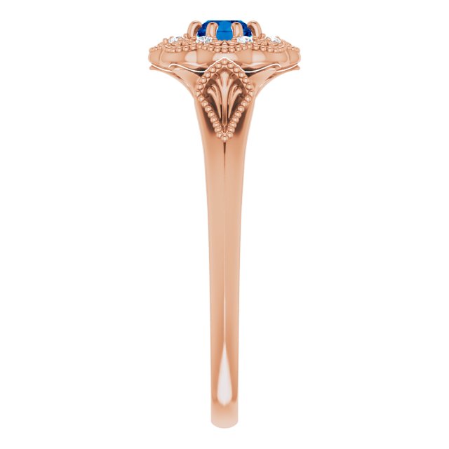 14K Gold Round Natural Blue Sapphire & Natural Diamond Vintage-Inspired Halo-Style Ring - Rose Gold - view 5
