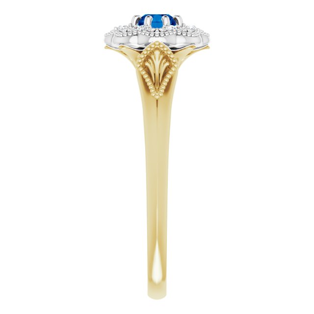 14K Gold Round Natural Blue Sapphire & Natural Diamond Vintage-Inspired Halo-Style Ring - Two-Tone - view 4