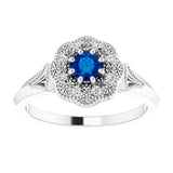 Platinum Round Natural Blue Sapphire & Natural Diamond Vintage-Inspired Halo-Style Ring - view 3