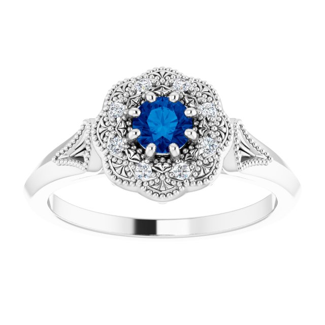 14K Gold Round Natural Blue Sapphire & Natural Diamond Vintage-Inspired Halo-Style Ring - White Gold - view 3