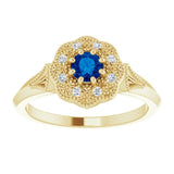 14K Gold Round Natural Blue Sapphire & Natural Diamond Vintage-Inspired Halo-Style Ring - Yellow Gold - view 3