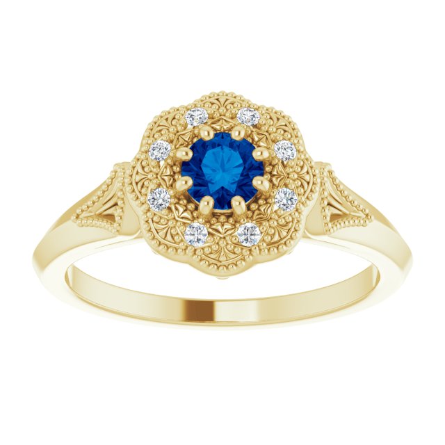14K Gold Round Natural Blue Sapphire & Natural Diamond Vintage-Inspired Halo-Style Ring - Yellow Gold - view 3