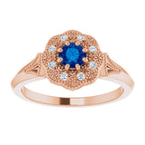 14K Gold Round Natural Blue Sapphire & Natural Diamond Vintage-Inspired Halo-Style Ring - Rose Gold - view 3