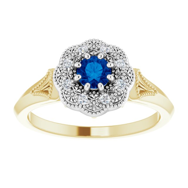 14K Gold Round Natural Blue Sapphire & Natural Diamond Vintage-Inspired Halo-Style Ring - Two-Tone - view 3
