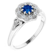 Platinum Round Natural Blue Sapphire & Natural Diamond Vintage-Inspired Halo-Style Ring
