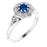 Platinum Round Natural Blue Sapphire & Natural Diamond Vintage-Inspired Halo-Style Ring