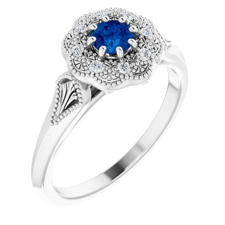 Platinum Round Natural Blue Sapphire & Natural Diamond Vintage-Inspired Halo-Style Ring