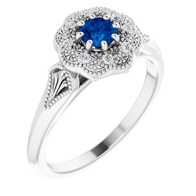 Platinum Round Natural Blue Sapphire & Natural Diamond Vintage-Inspired Halo-Style Ring
