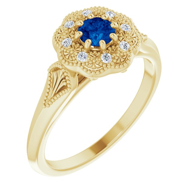 14K Gold Round Natural Blue Sapphire & Natural Diamond Vintage-Inspired Halo-Style Ring - Yellow Gold