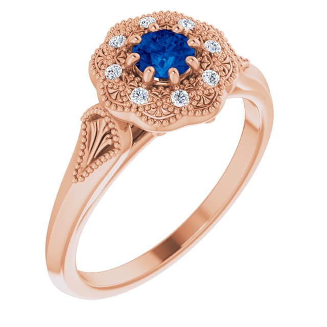 14K Gold Round Natural Blue Sapphire & Natural Diamond Vintage-Inspired Halo-Style Ring - Rose Gold