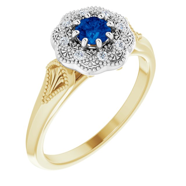 14K Gold Round Natural Blue Sapphire & Natural Diamond Vintage-Inspired Halo-Style Ring - Two-Tone