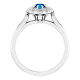 Platinum Round Natural Blue Sapphire & Natural Diamond Vintage-Inspired Halo-Style Ring - view 2