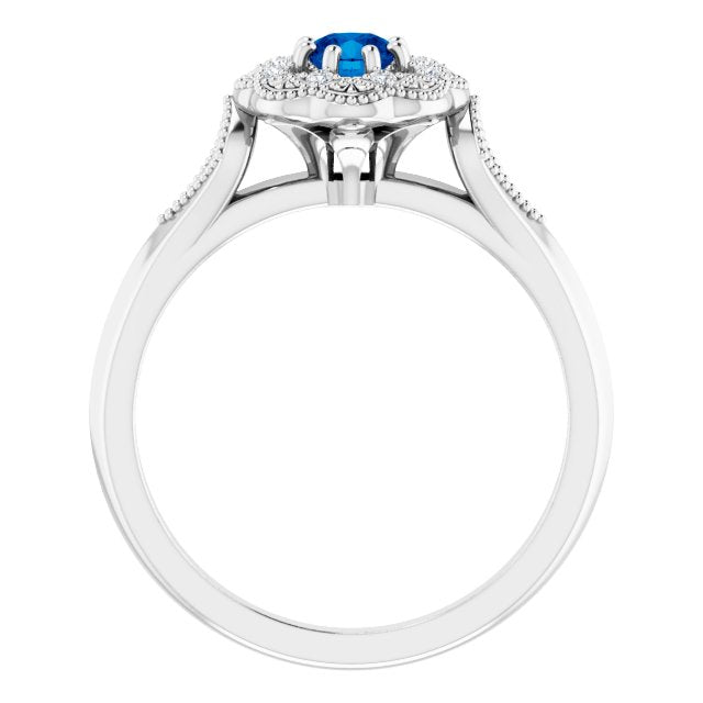 14K Gold Round Natural Blue Sapphire & Natural Diamond Vintage-Inspired Halo-Style Ring - White Gold - view 2