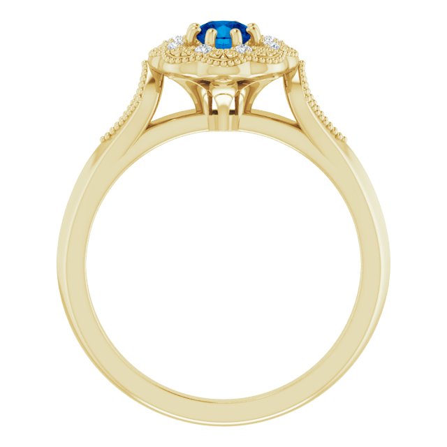 14K Gold Round Natural Blue Sapphire & Natural Diamond Vintage-Inspired Halo-Style Ring - Yellow Gold - view 2