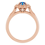 14K Gold Round Natural Blue Sapphire & Natural Diamond Vintage-Inspired Halo-Style Ring - Rose Gold - view 2