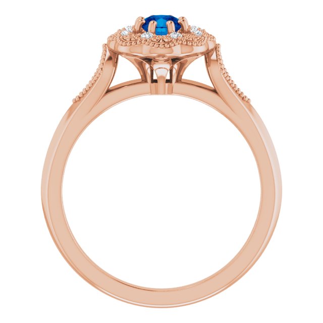 14K Gold Round Natural Blue Sapphire & Natural Diamond Vintage-Inspired Halo-Style Ring - Rose Gold - view 2