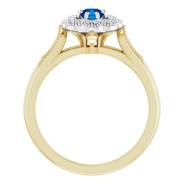 14K Gold Round Natural Blue Sapphire & Natural Diamond Vintage-Inspired Halo-Style Ring - Two-Tone - view 2