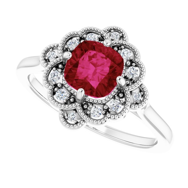 14K Gold Cushion Lab-Grown Ruby & Natural Diamond Halo-Style Ring – 6x6mm - White Gold - view 5