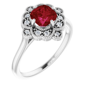 Platinum Cushion Lab-Grown Ruby & Natural Diamond Halo-Style Ring – 6x6mm