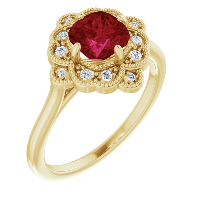 14K Gold Cushion Lab-Grown Ruby & Natural Diamond Halo-Style Ring – 6x6mm - Yellow Gold
