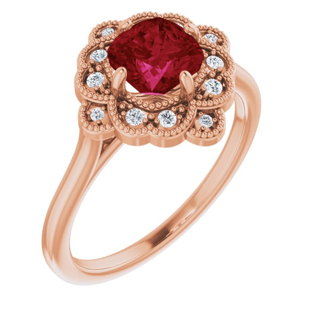 14K Gold Cushion Lab-Grown Ruby & Natural Diamond Halo-Style Ring – 6x6mm - Rose Gold