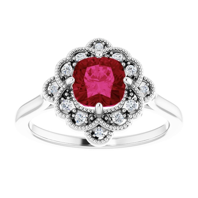 14K Gold Cushion Lab-Grown Ruby & Natural Diamond Halo-Style Ring – 6x6mm - White Gold - view 3