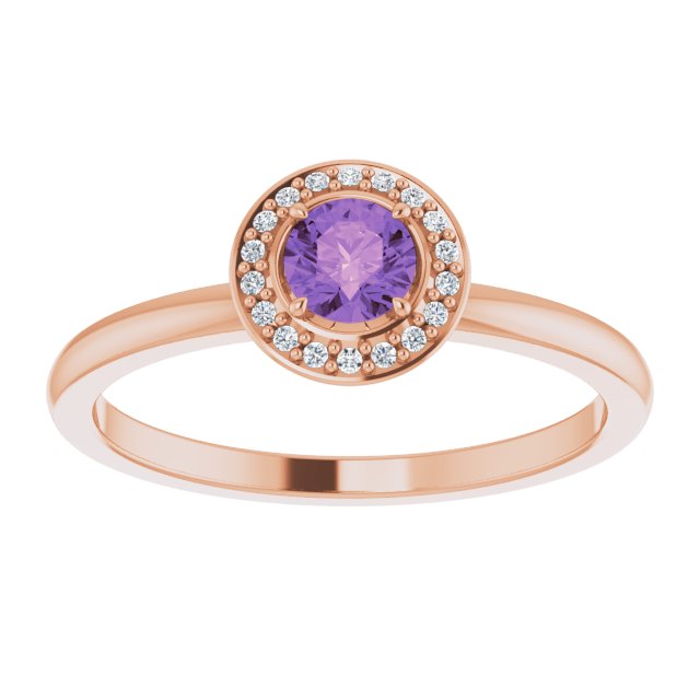 14K Gold Round Natural Amethyst Halo-Style Ring - Rose Gold - view 8