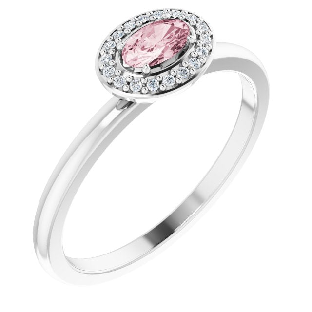 14K Gold Oval Natural Morganite & Natural Diamond Halo-Style Ring - White Gold