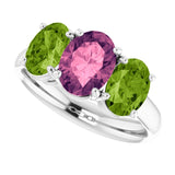 14K Gold Oval Pink Tourmaline & Peridot Three-Stone Ring - view 6