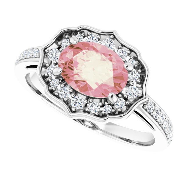 14K Gold Oval Natural Peach Morganite & Natural Diamond Vintage-Inspired Ring - White Gold - view 5