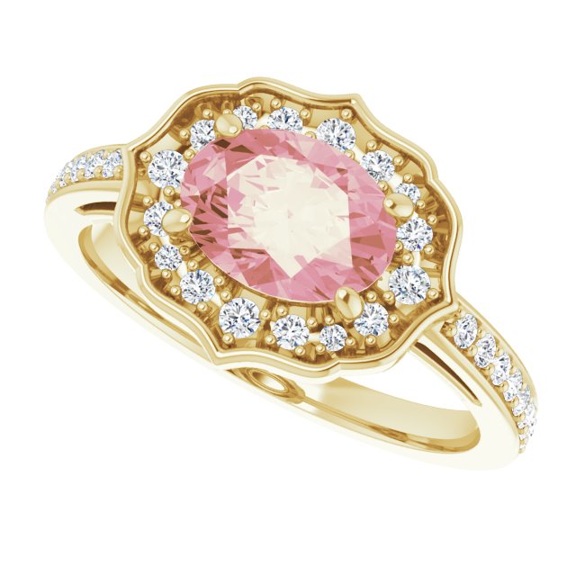 14K Gold Oval Natural Peach Morganite & Natural Diamond Vintage-Inspired Ring - Yellow Gold - view 5