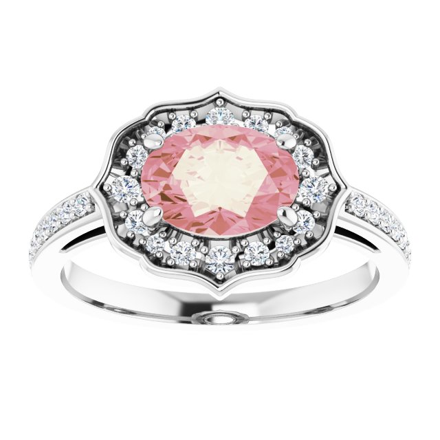 14K Gold Oval Natural Peach Morganite & Natural Diamond Vintage-Inspired Ring - White Gold - view 3