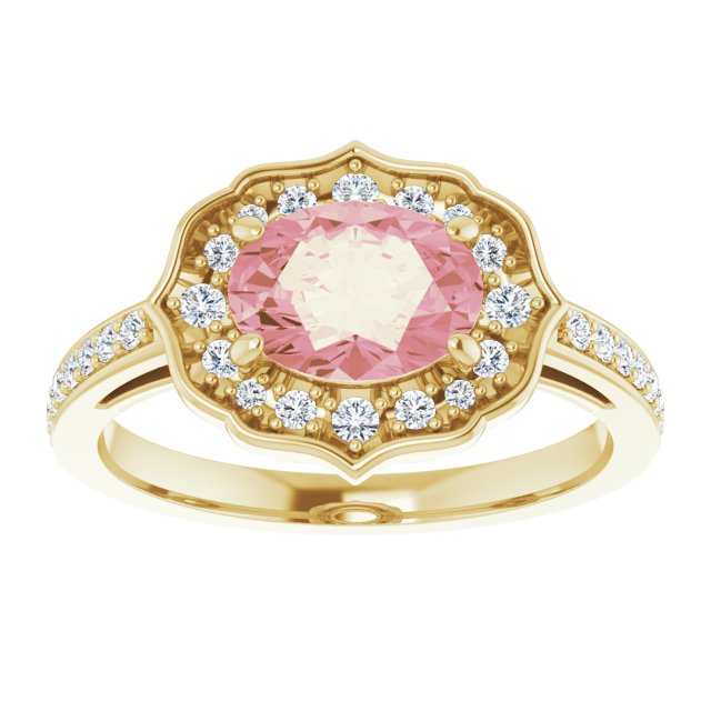 14K Gold Oval Natural Peach Morganite & Natural Diamond Vintage-Inspired Ring - Yellow Gold - view 3
