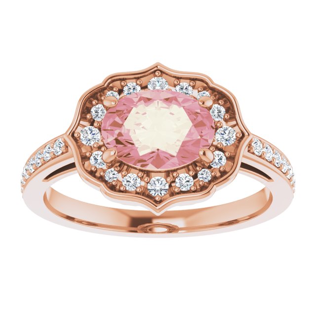14K Gold Oval Natural Peach Morganite & Natural Diamond Vintage-Inspired Ring - Rose Gold - view 3