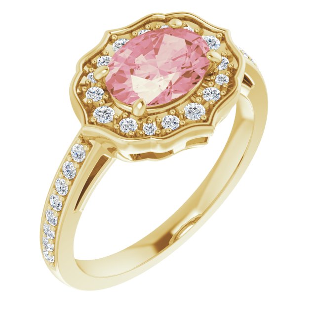 14K Gold Oval Natural Peach Morganite & Natural Diamond Vintage-Inspired Ring - Yellow Gold