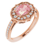 14K Gold Oval Natural Peach Morganite & Natural Diamond Vintage-Inspired Ring - Rose Gold