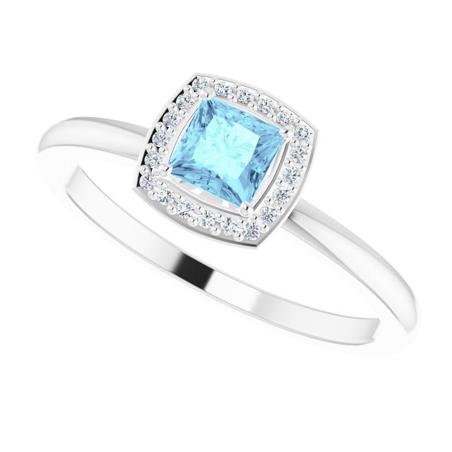 14K Gold Square Natural Aquamarine Halo-Style Ring - White Gold - view 10