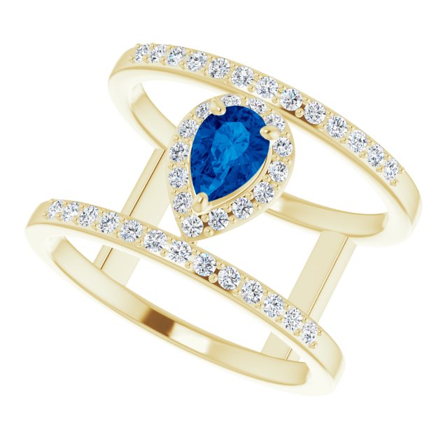 14K Gold Pear Lab-Grown Blue Sapphire & Natural Diamond Negative Space Ring - Yellow Gold - view 5