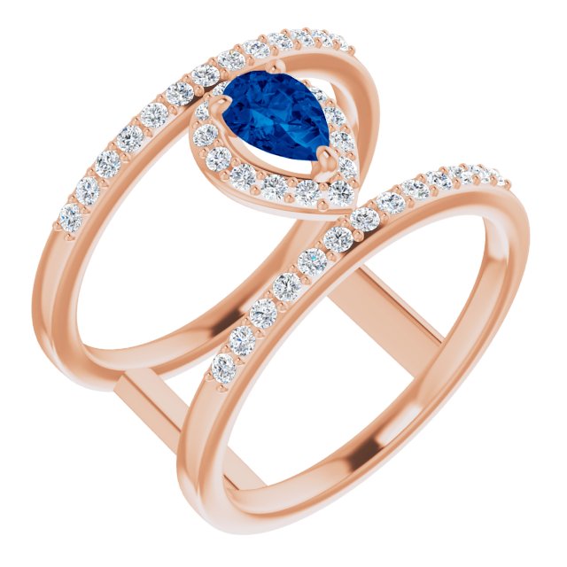 14K Gold Pear Lab-Grown Blue Sapphire & Natural Diamond Negative Space Ring - Rose Gold
