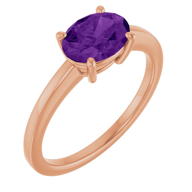 14K Gold Oval Natural Amethyst Solitaire Ring - Rose Gold