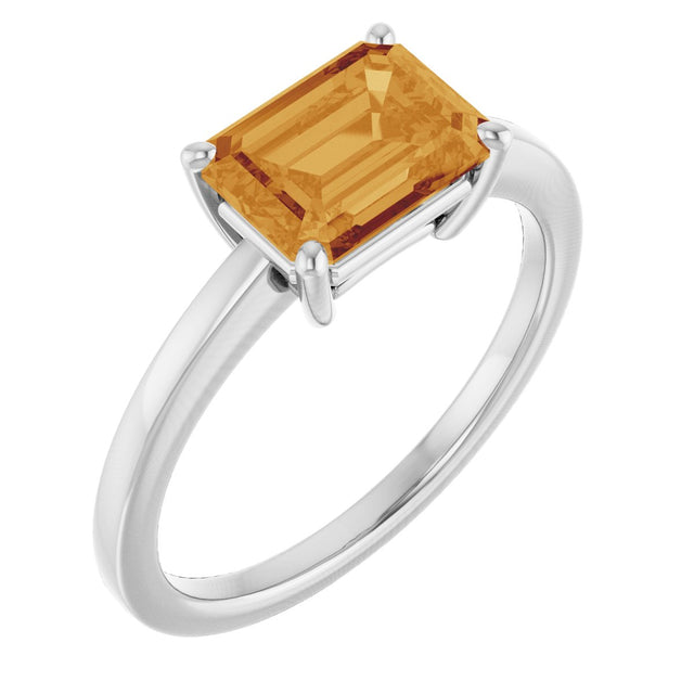 14K Gold Emerald Natural Citrine Solitaire Ring - White Gold