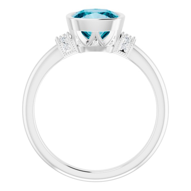 14K Gold Cushion Natural Checkerboard London Blue Topaz & Natural Diamond Bezel-Set Accented Ring - White Gold - view 2