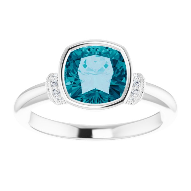 14K Gold Cushion Natural Checkerboard London Blue Topaz & Natural Diamond Bezel-Set Accented Ring - White Gold - view 3