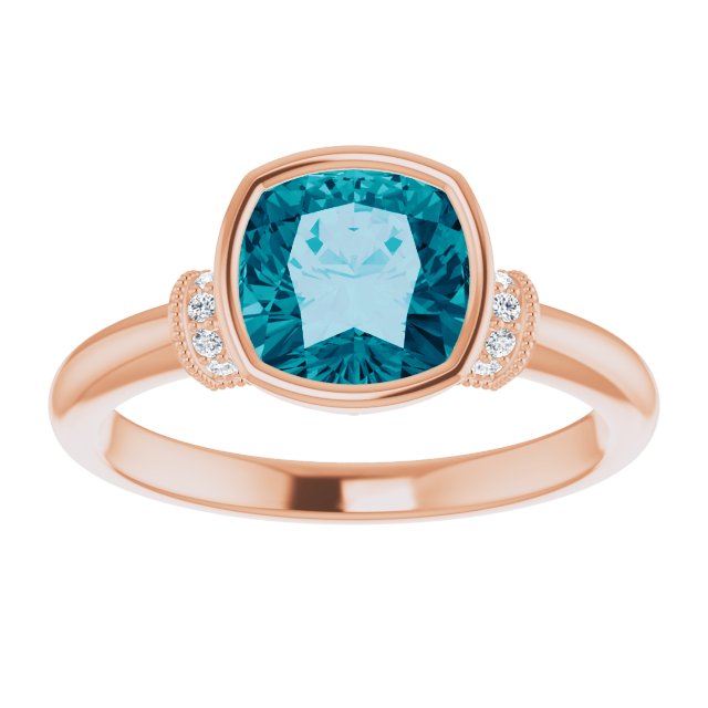 14K Gold Cushion Natural Checkerboard London Blue Topaz & Natural Diamond Bezel-Set Accented Ring - Rose Gold - view 3